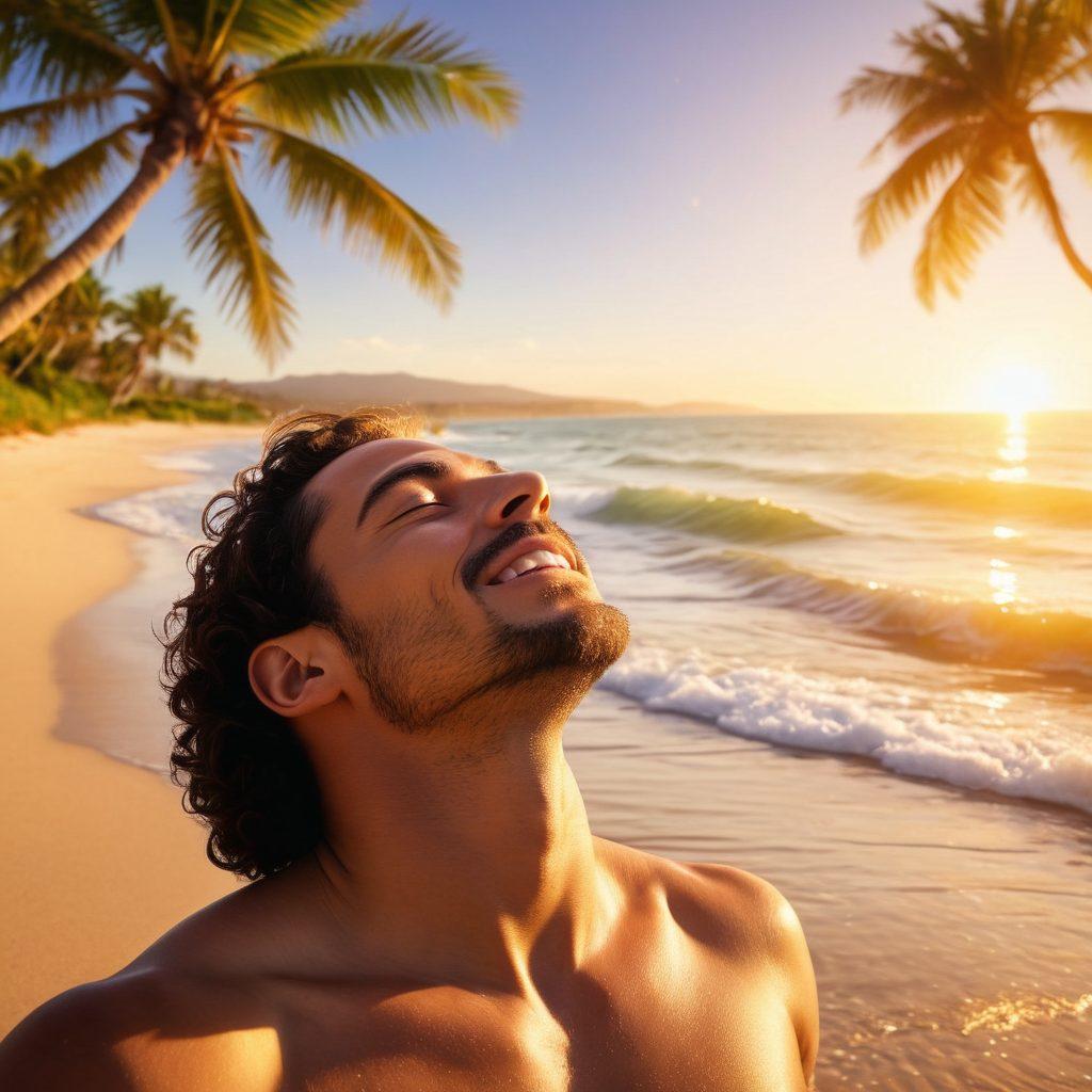 A serene and joyful man relaxing on a peaceful beach, eyes closed, immersed in a state of blissful hypnosis. The scene should be bathed in warm golden sunlight, with gentle waves lapping at the shore and palm trees swaying lightly in the background. Illustrate elements of hypnosis with swirling patterns around his head and a glowing aura of happiness surrounding him. super-realistic. vibrant colors. inviting atmosphere.