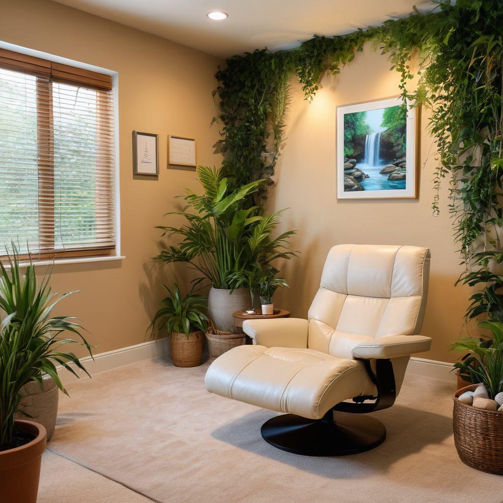 A serene therapy room with a comfortable recliner, soft lighting, and calming plants. A straight man in a relaxed state, experiencing therapeutic hypnosis, with gentle waves of energy represented by soothing colors around him. Inspirational quotes on the walls about empowerment and contentment. Elements of nature like a small waterfall or zen garden in the background. super-realistic. calming colors. soft focus.