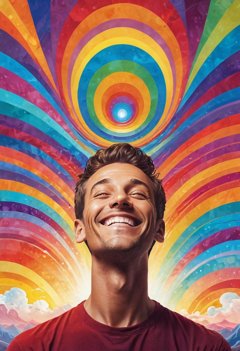 A vibrant scene depicting a cheerful man undergoing hypnosis, surrounded by colorful swirls of joy and positivity, with ethereal light illuminating the atmosphere. In the background, hints of a tranquil landscape symbolize personal transformation. The man is smiling, exuding warmth and happiness, reflecting the uplifting power of joyful hypnosis. vector art. bright colors. whimsical elements.
